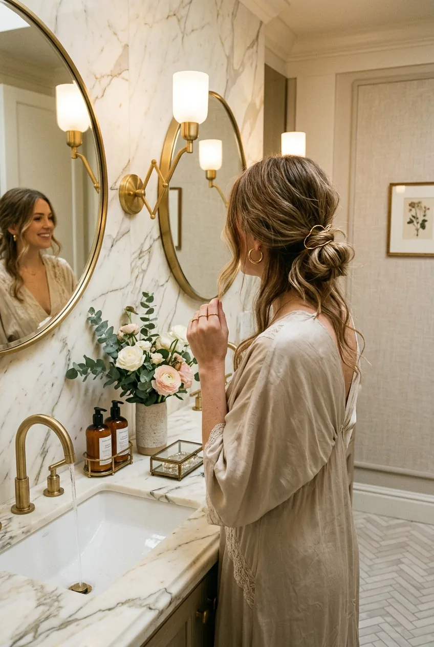 Woman with effortless loose waves held by twisted wire hair tie in luxurious marble bathroom