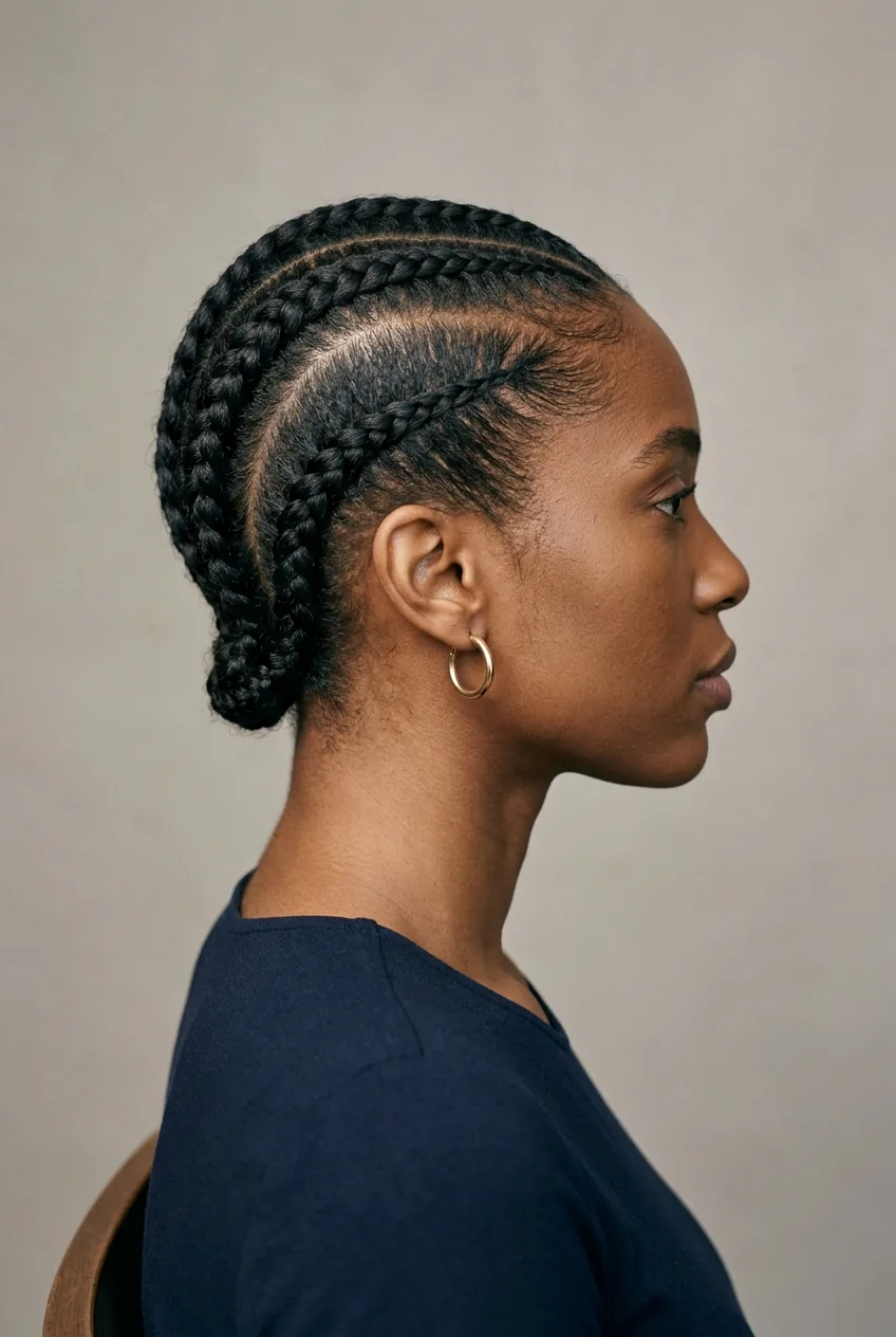 Two large side-swept cornrows on fine textured hair showing elegant sweep to one side