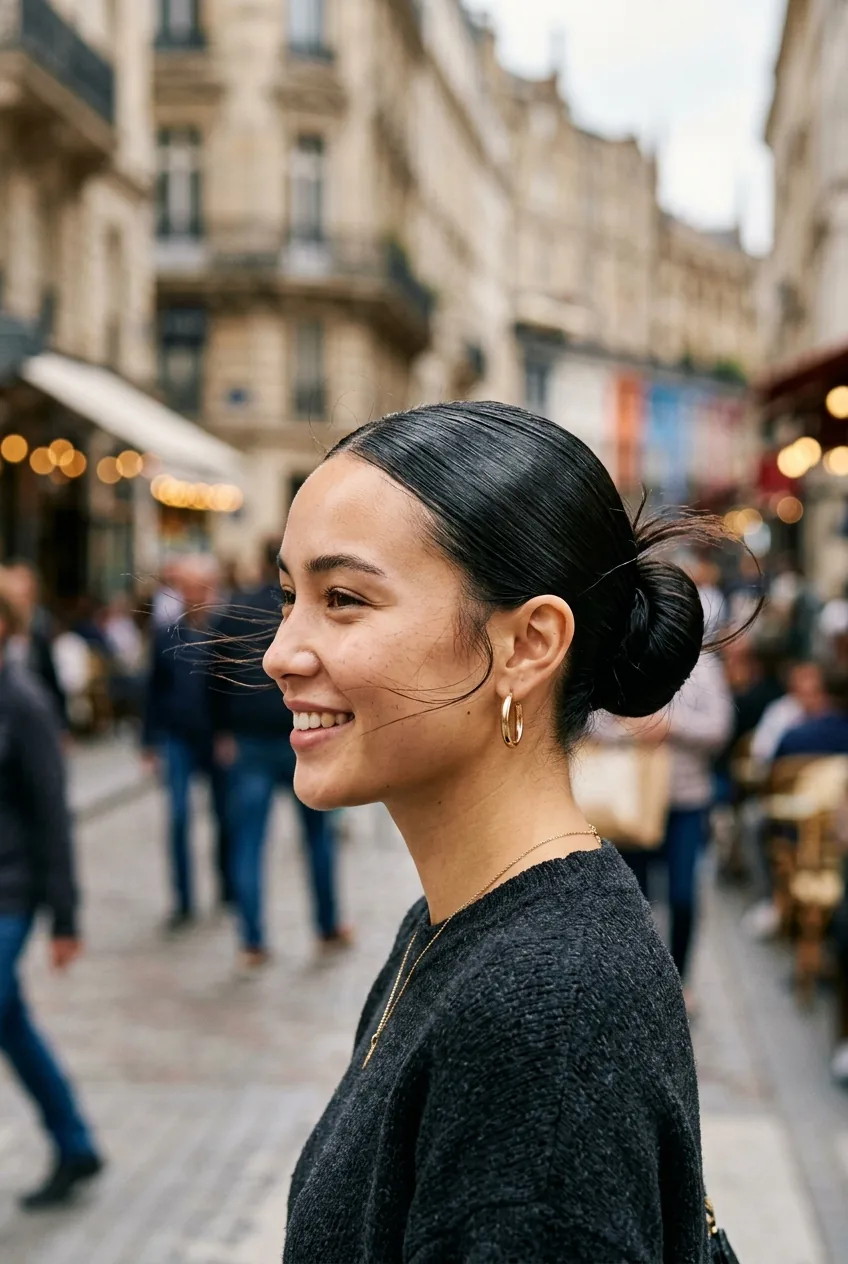 Woman with mirror-like glass hair bun showing perfect smoothness and shine