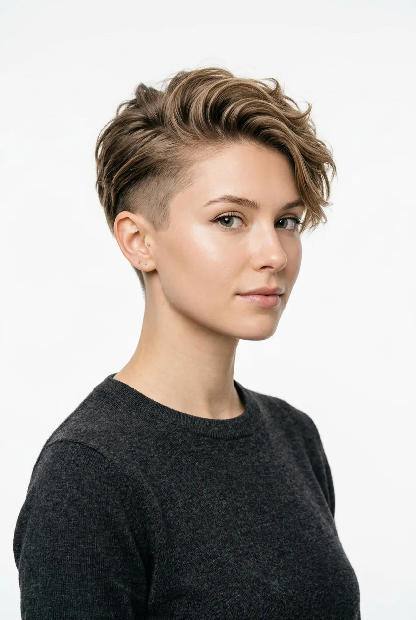 Woman with undercut pixie showing longer top section and buzzed sides