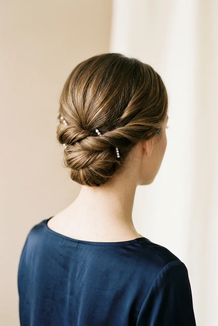Understated low twisted updo with two wrapped sections at nape of neck
