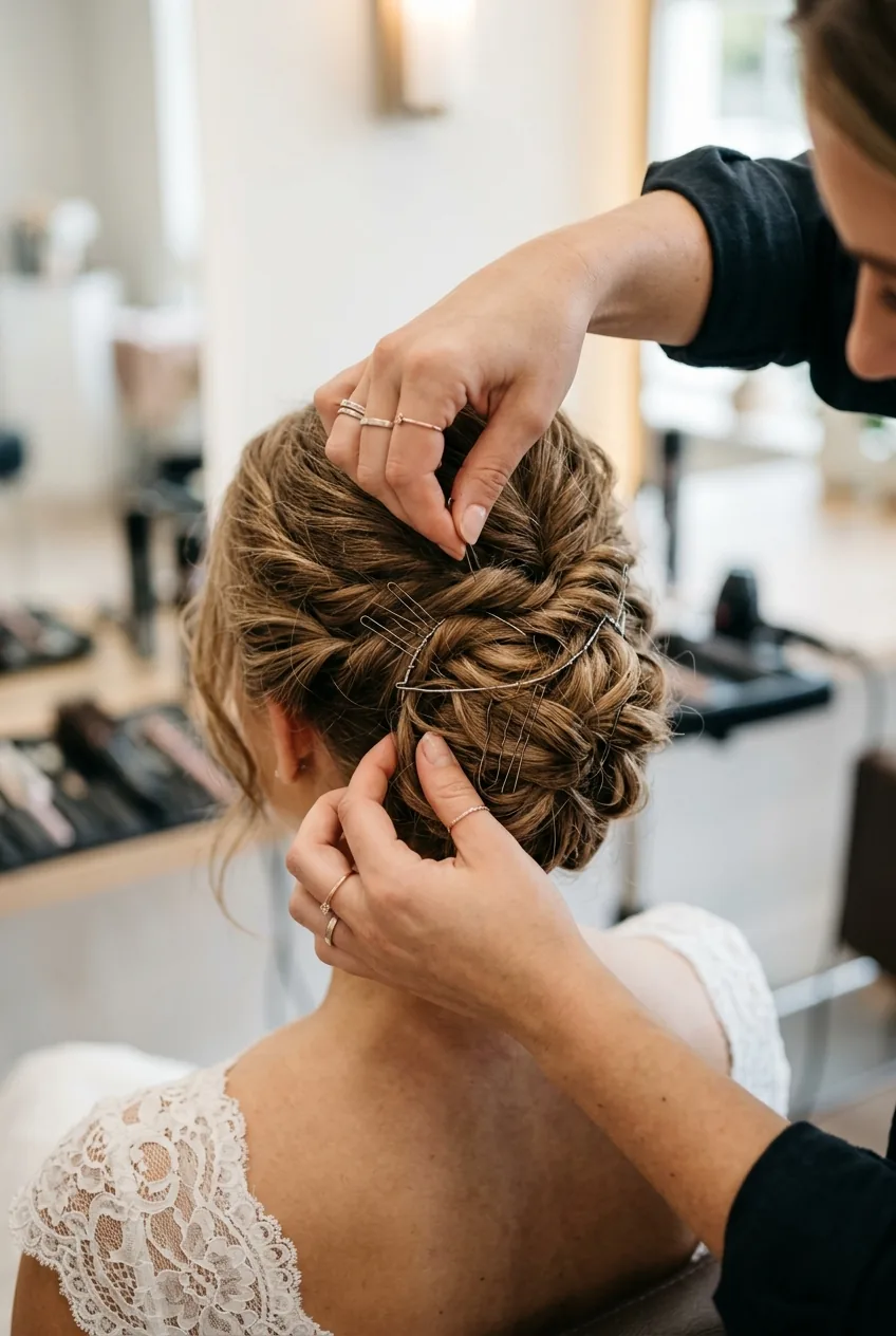 Professional stylist creating bobby pin architecture for bridal updo structural foundation