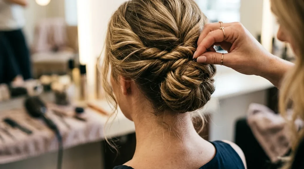 Stylist's fingers threading bobby pin into twisted hair section during updo creation process