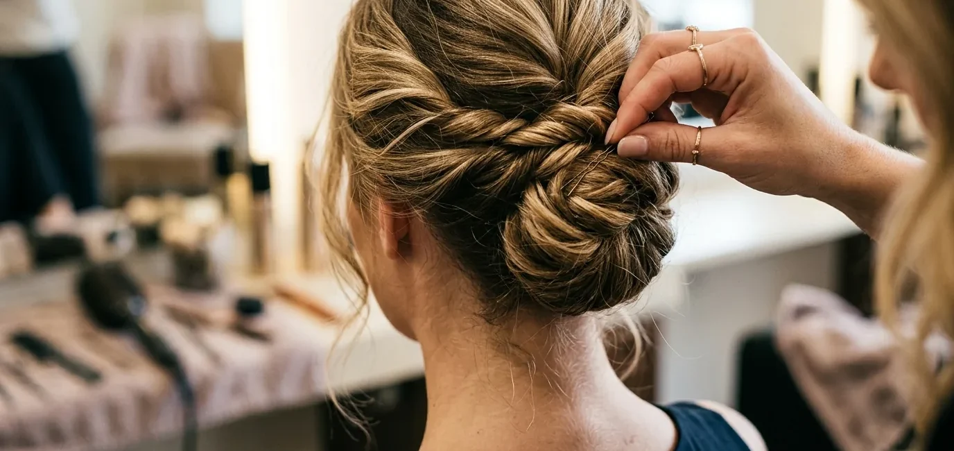 Stylist's fingers threading bobby pin into twisted hair section during updo creation process