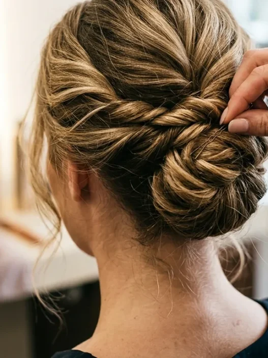 Stylist's fingers threading bobby pin into twisted hair section during updo creation process