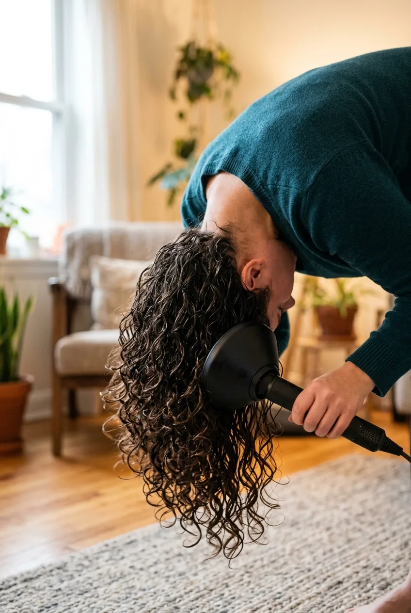 Woman diffusing back sections of curly lob with head flipped upside down for volume