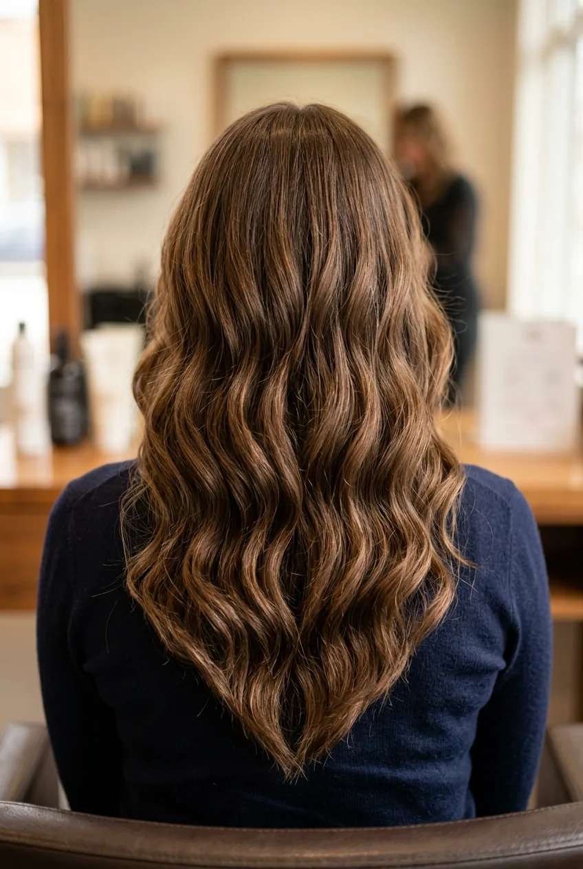 V-cut wavy hair from behind showing pointed back shape and natural wave pattern