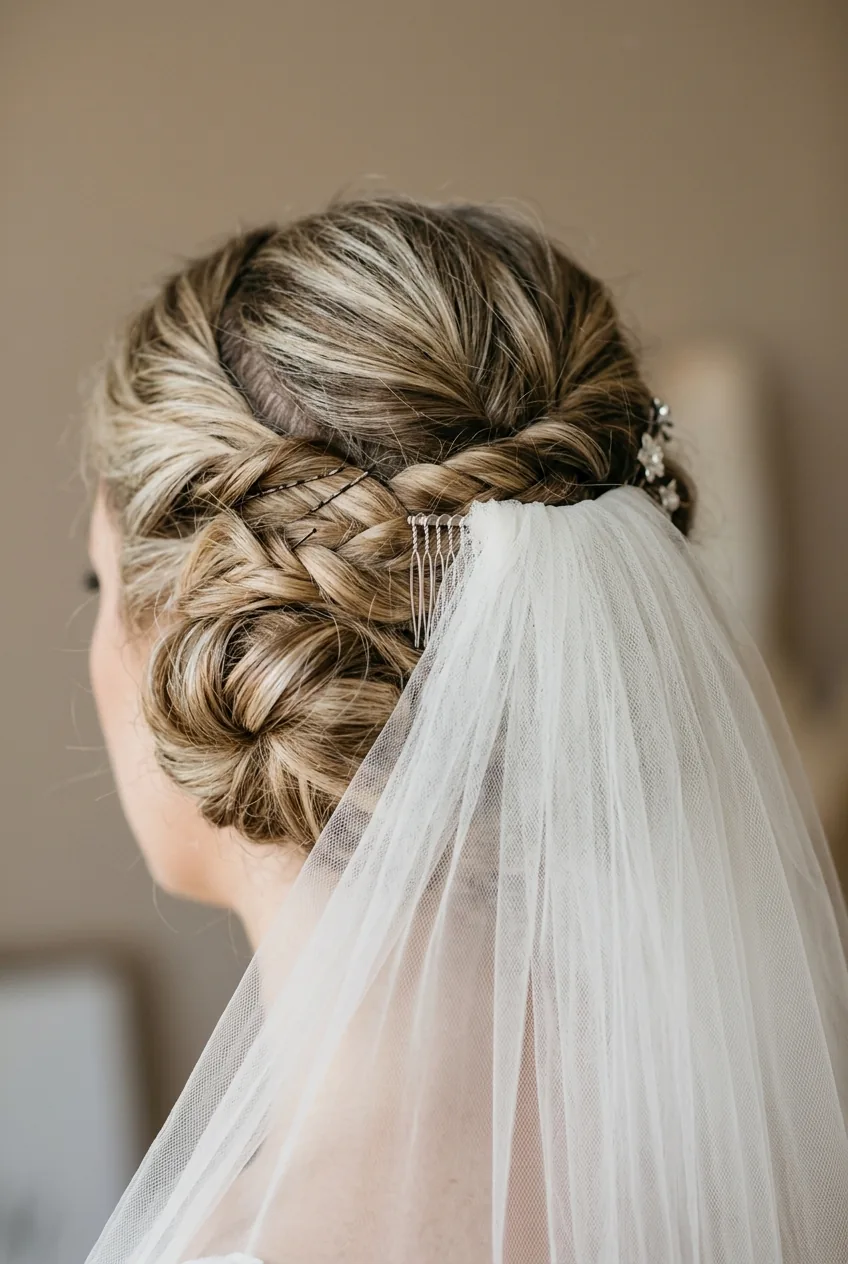 Detail view of veil comb securely attached to completed bridal updo structure