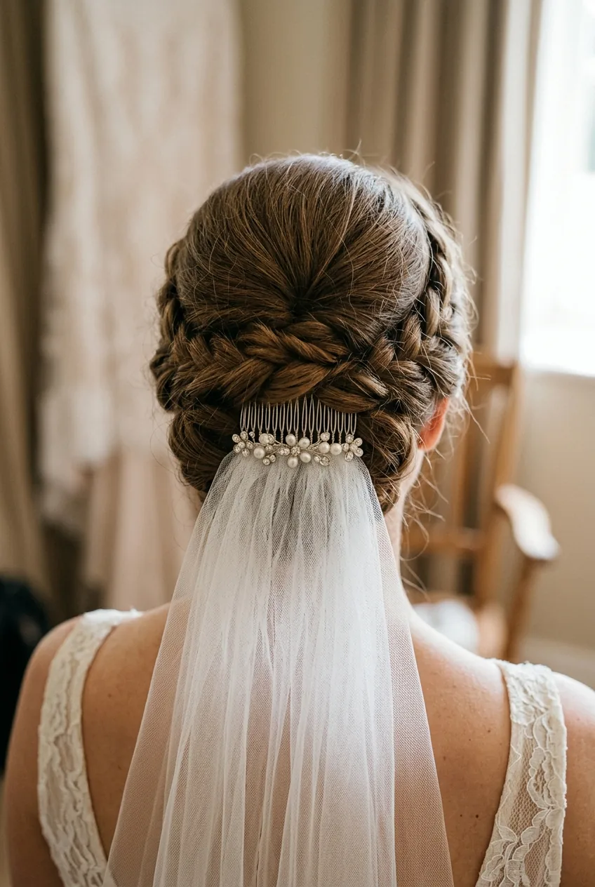 Detailed view of veil comb placement in completed updo showing attachment point below crown