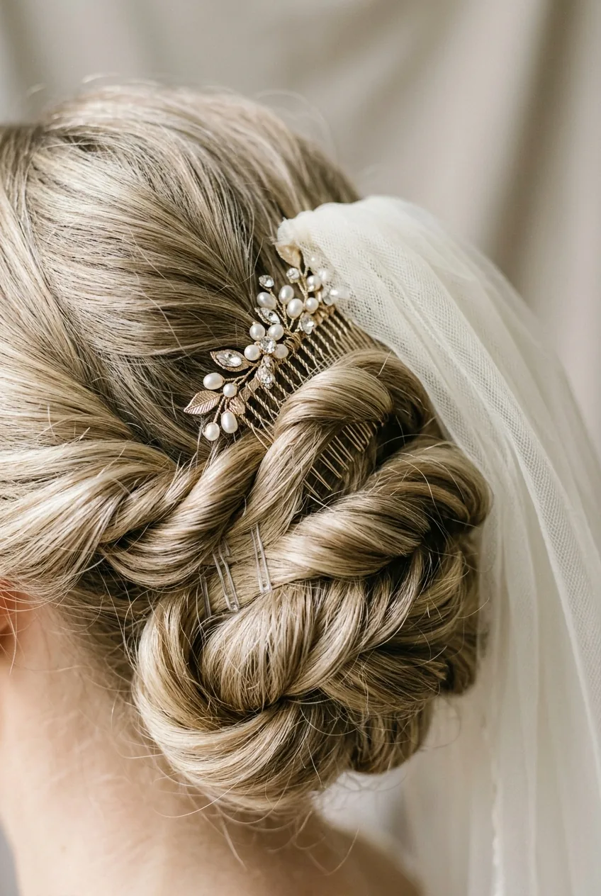 Macro detail of veil comb seamlessly integrated into twisted hair sections showing professional attachment technique