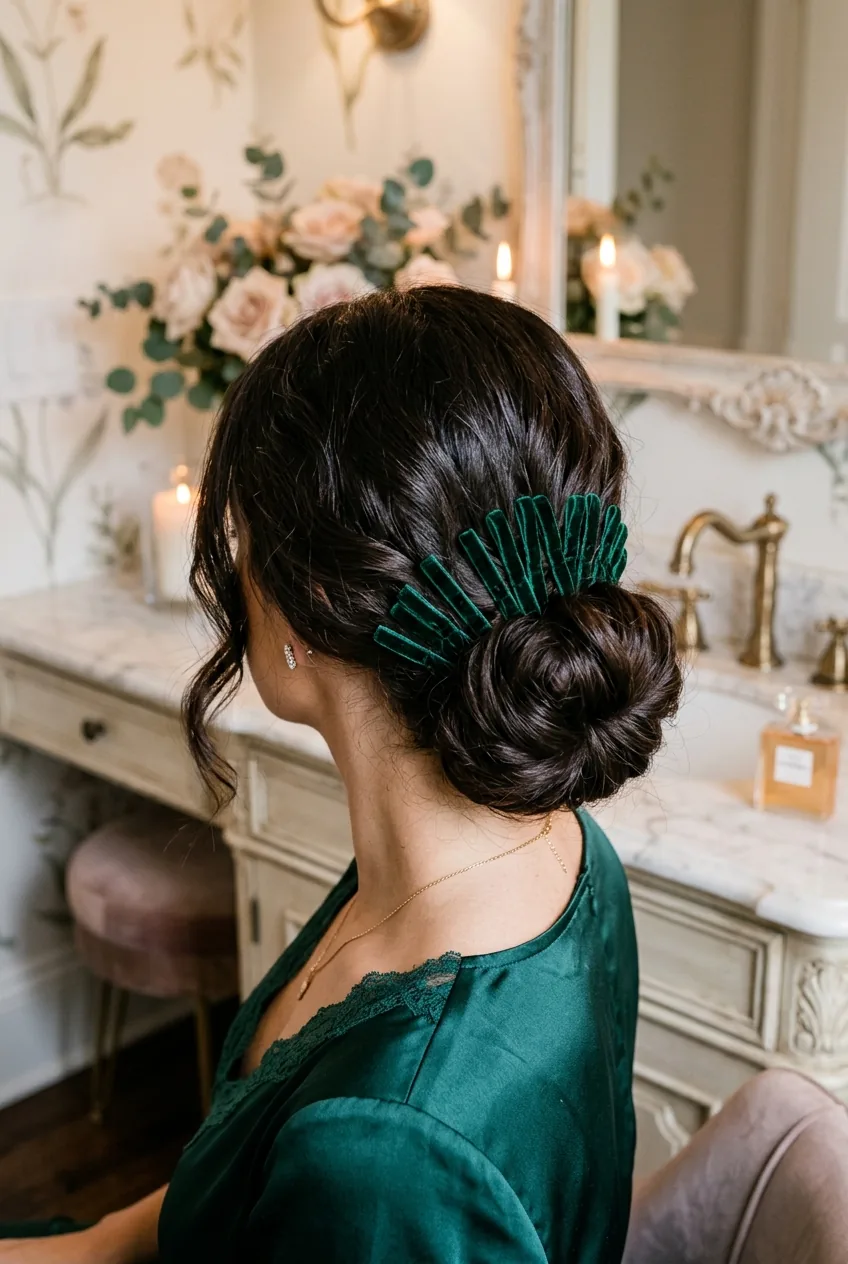 Woman with emerald velvet bobby pins in textured low bun showing sophisticated wedding styling