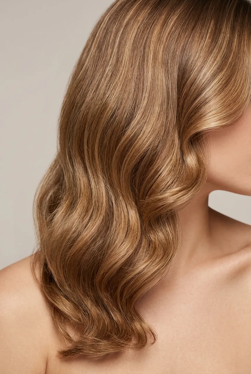 Versatile long layered waves styled sleek and polished demonstrating professional styling flexibility