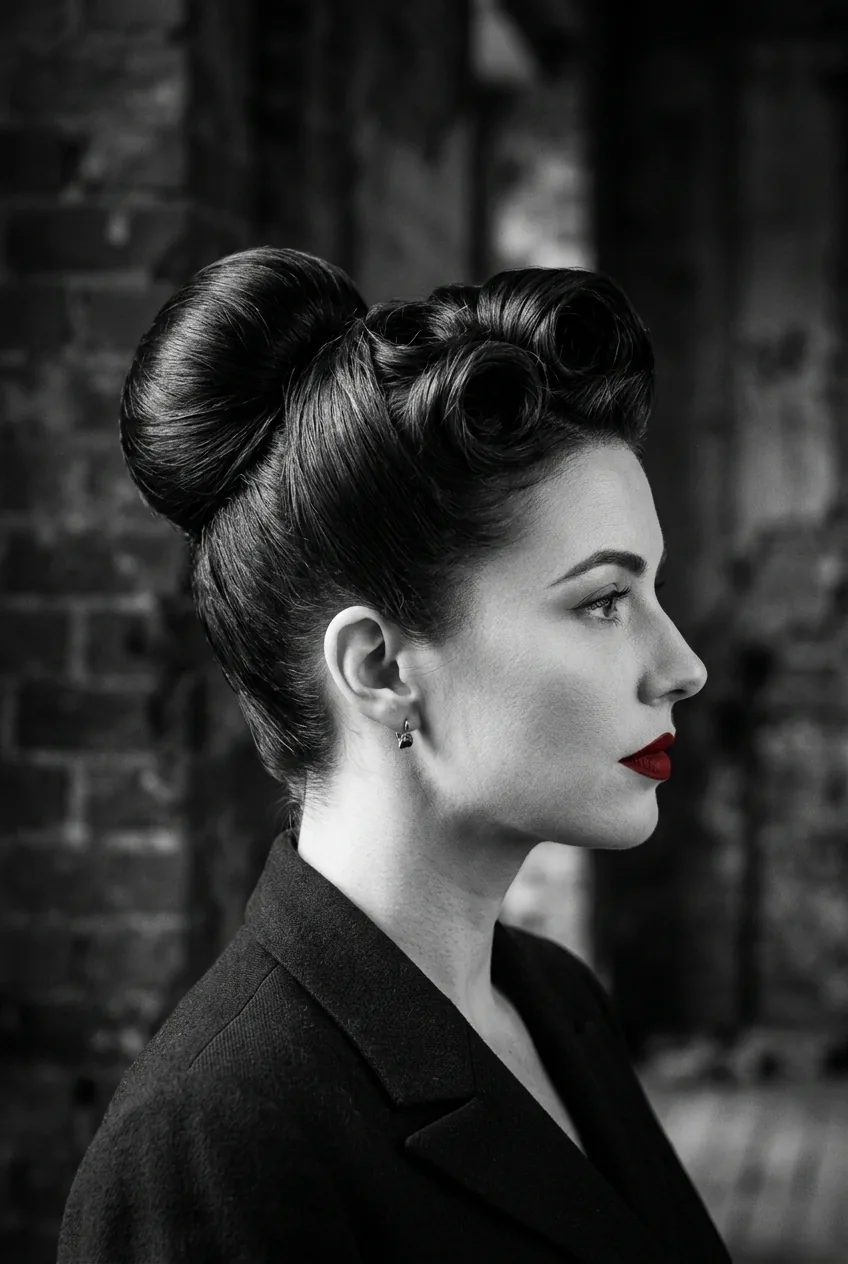 Vintage victory rolls combined with sleek high bun in 1940s inspired styling