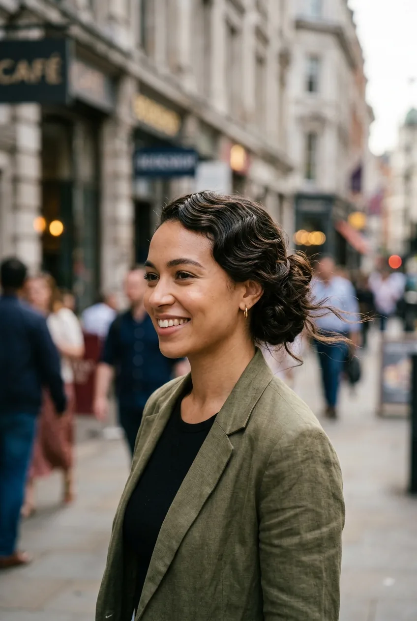 Woman with vintage finger waves framing her face in an elegant updo style
