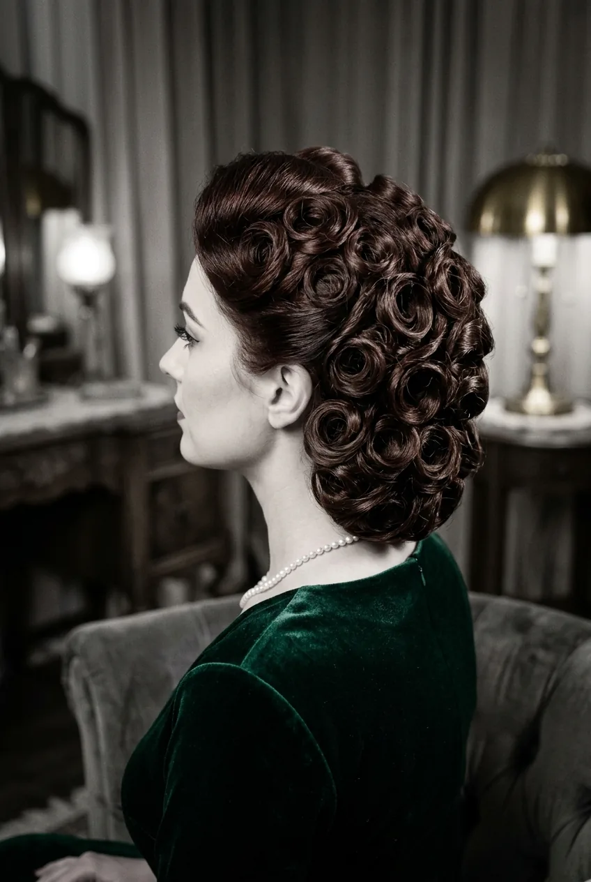 Vintage pin curl updo showing individual curls positioned in 1940s Hollywood glamour styling