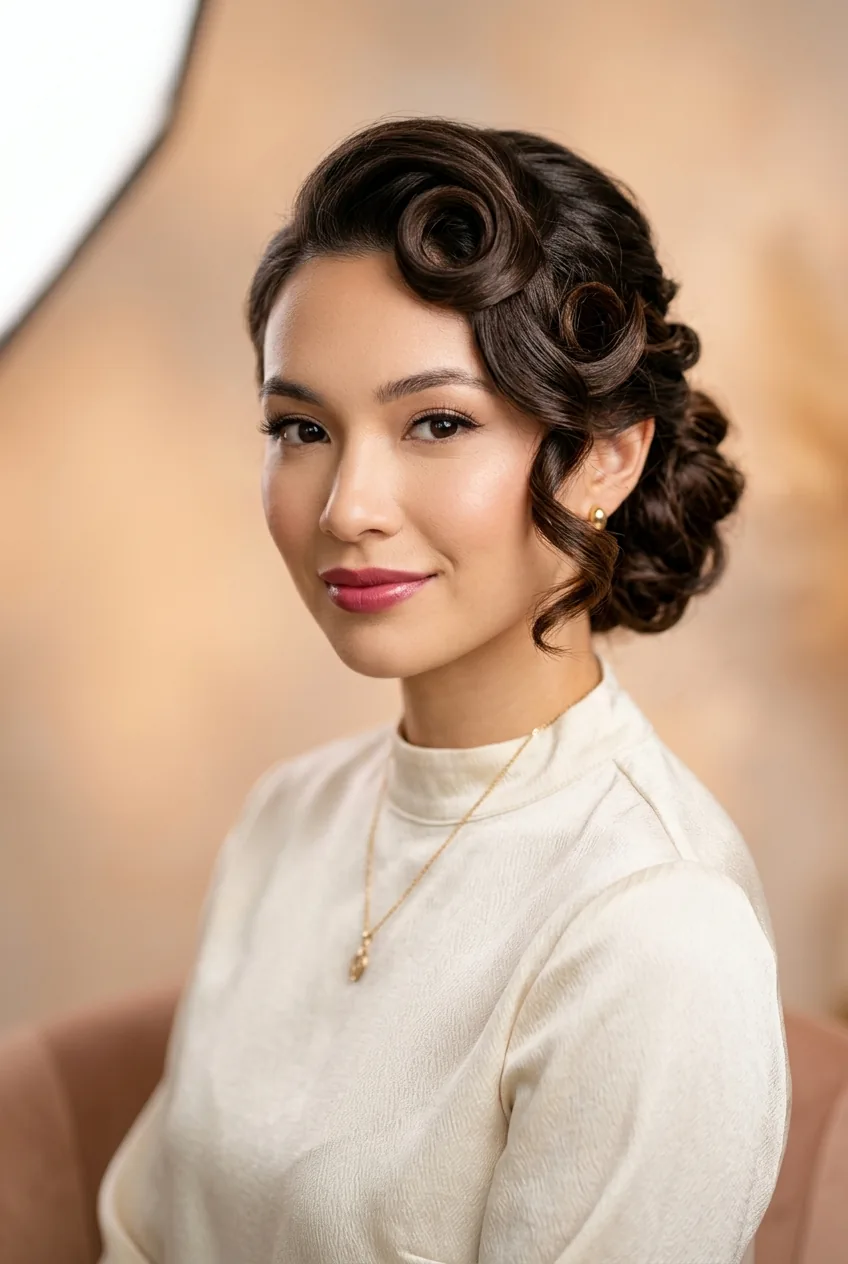 Woman with modern updo featuring vintage-inspired pin curl accents and elegant styling