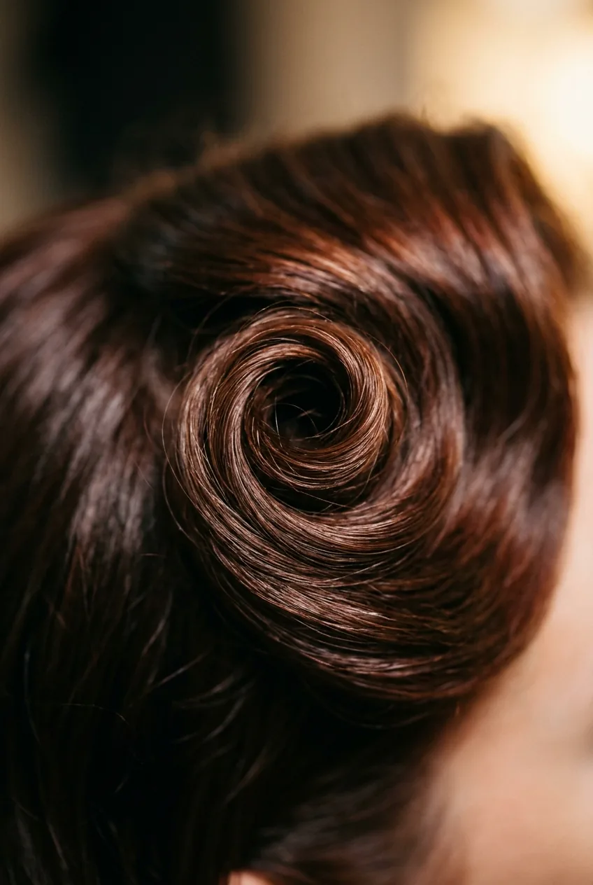 Side profile of woman with structured vintage pin curls arranged in classic old Hollywood style