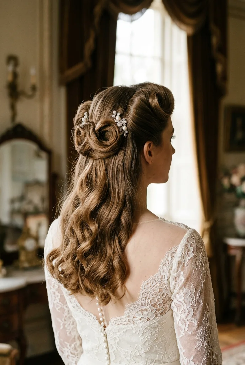 Vintage-inspired victory roll half up hairstyle with 1940s pin-up styling and Hollywood waves