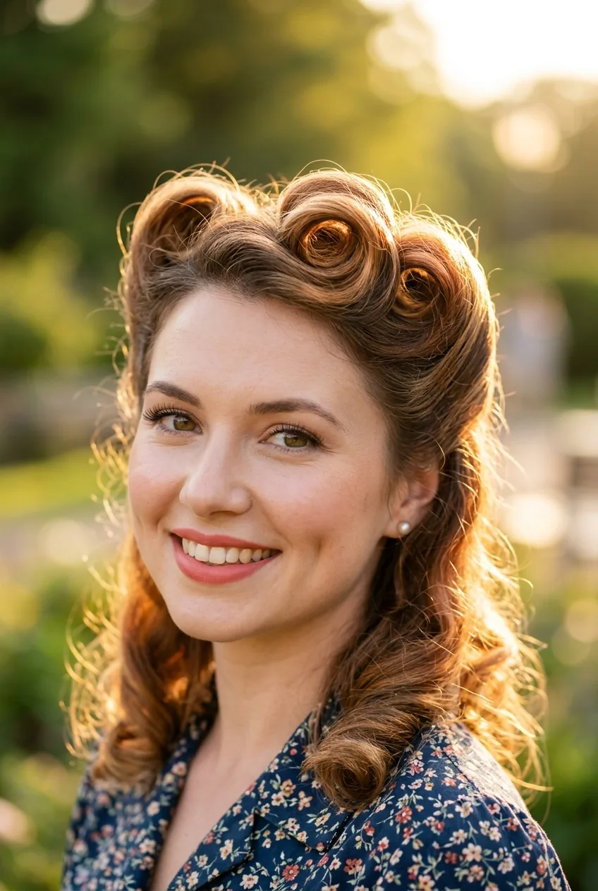 Woman with vintage victory rolls framing face in 1940s-inspired style