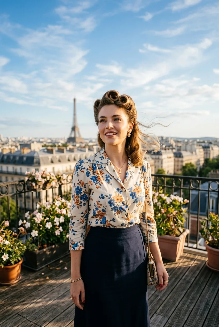 Woman with vintage-inspired victory rolls hairstyle in golden afternoon light