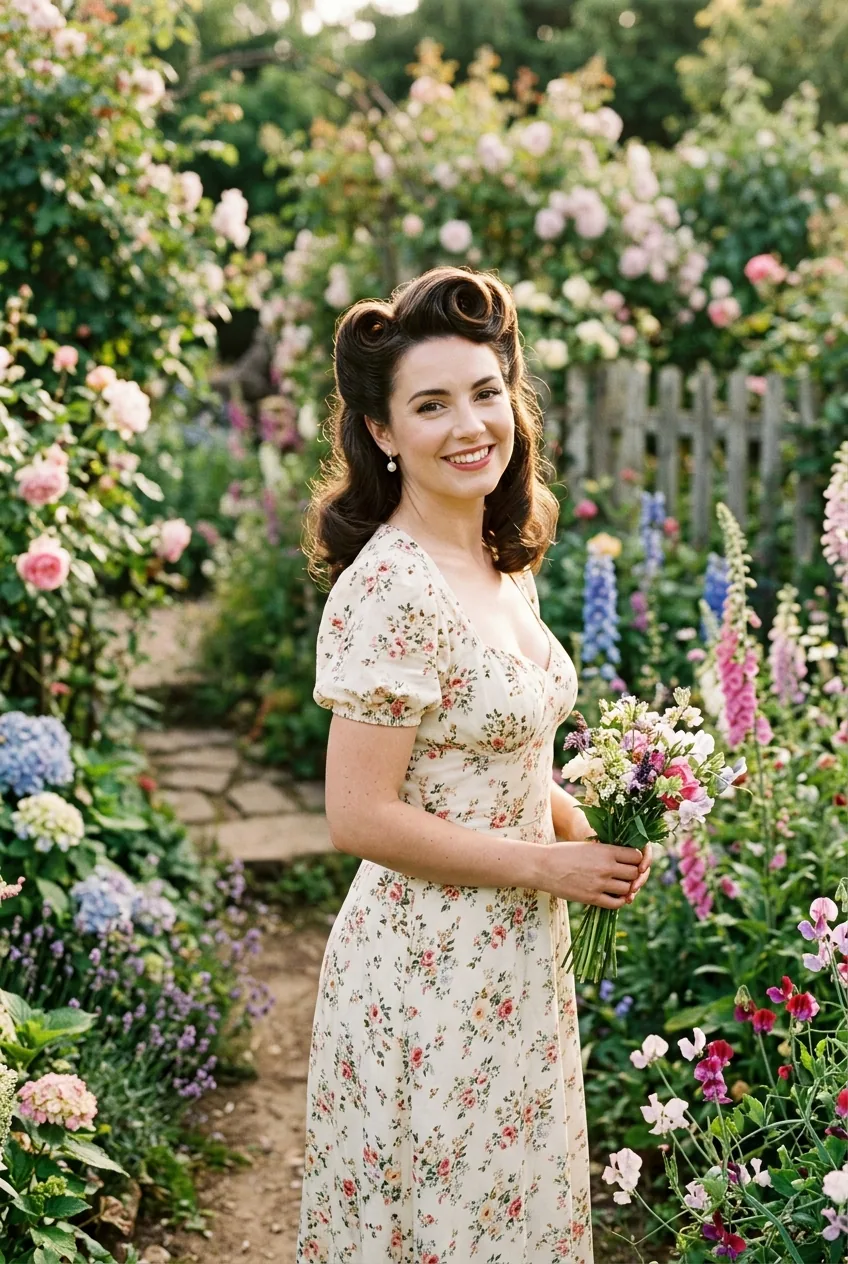 Woman with vintage victory rolls framing face in retro style among garden flowers