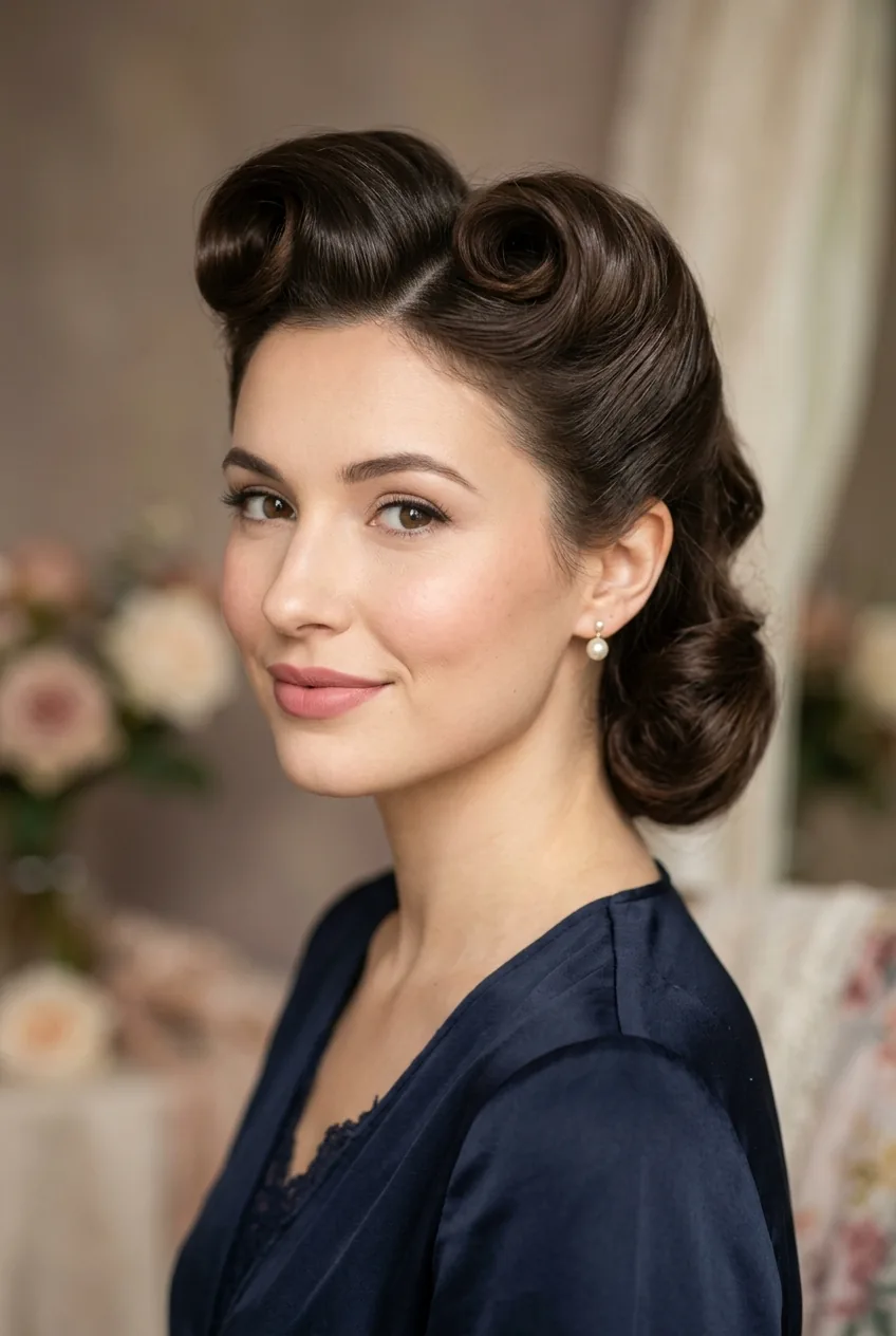 Woman with vintage victory rolls hairstyle in soft romantic interpretation