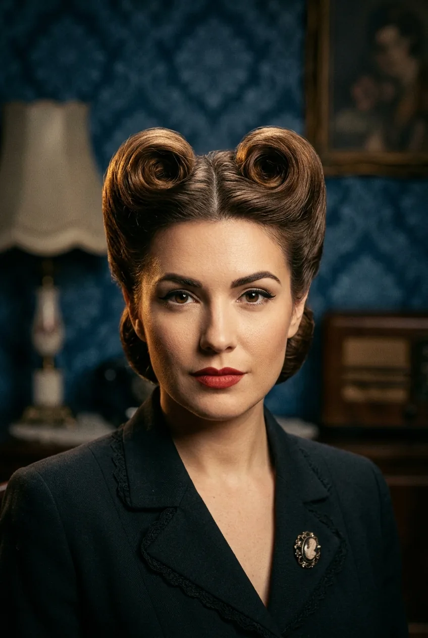 Front view of vintage victory rolls hairstyle with symmetrical 1940s styling