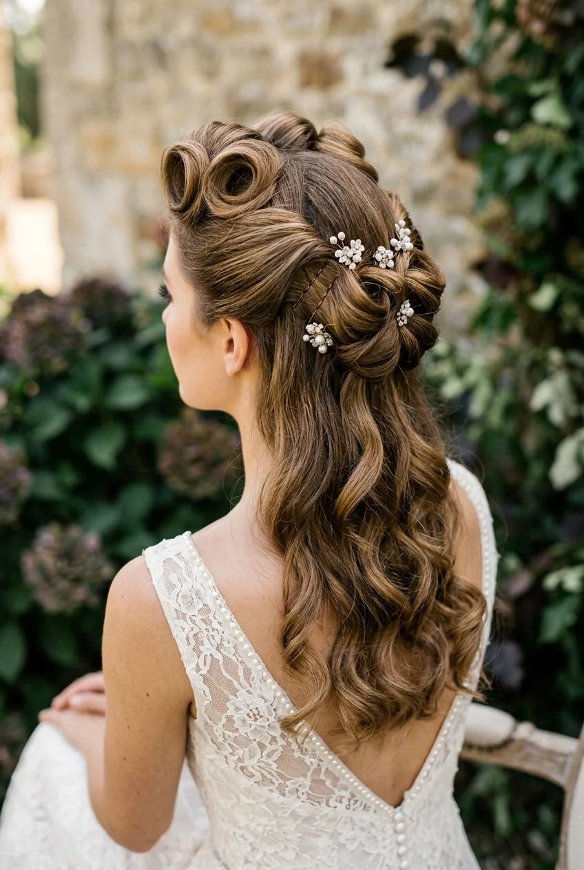 Vintage victory rolls half-up hairstyle showing 1940s glamour styling with flowing waves below