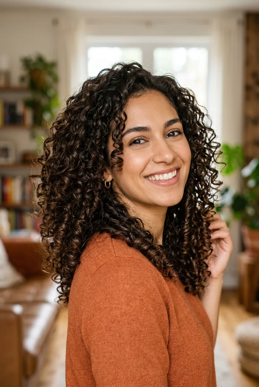 Woman with voluminous defined curly hair smiling showing successful styling transformation