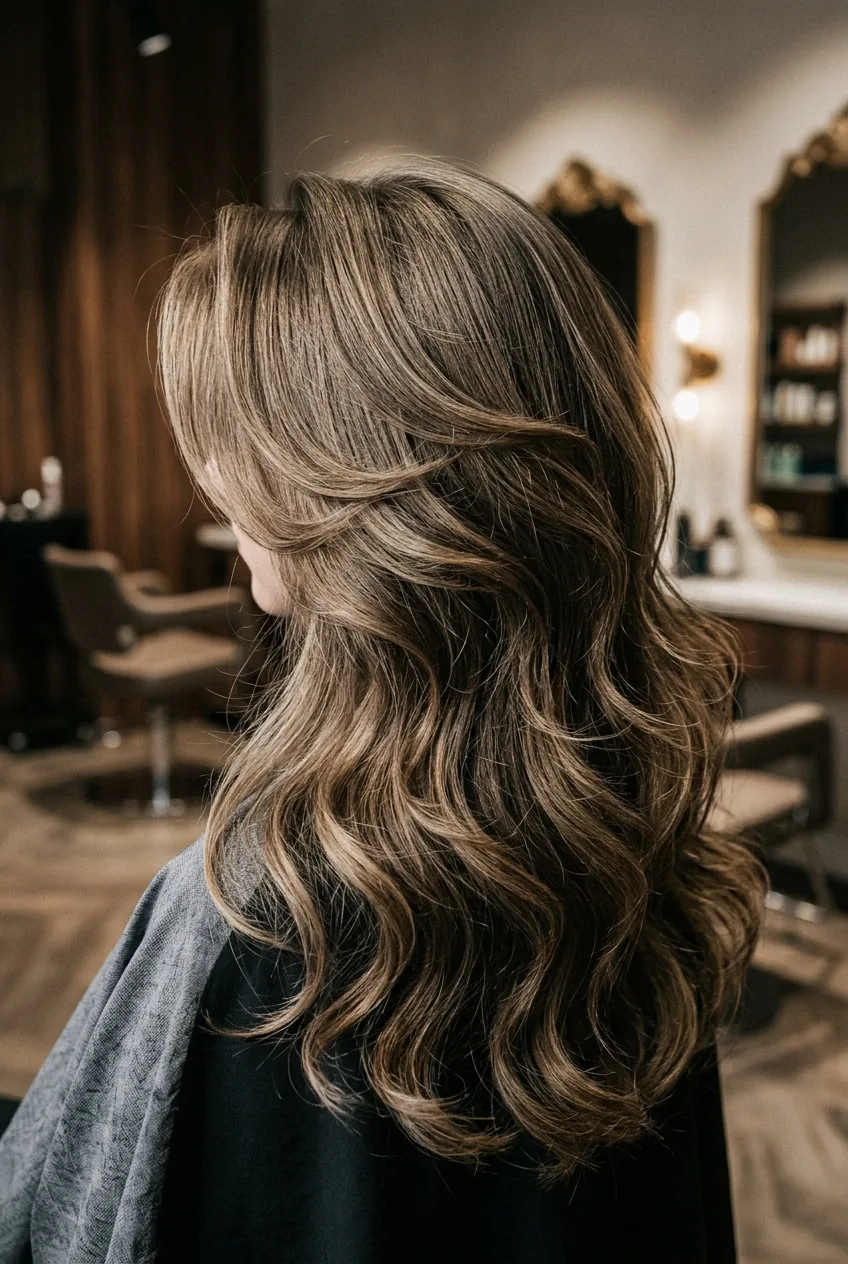Voluminous long layered waves on fine hair showing added height and body with dramatic lighting