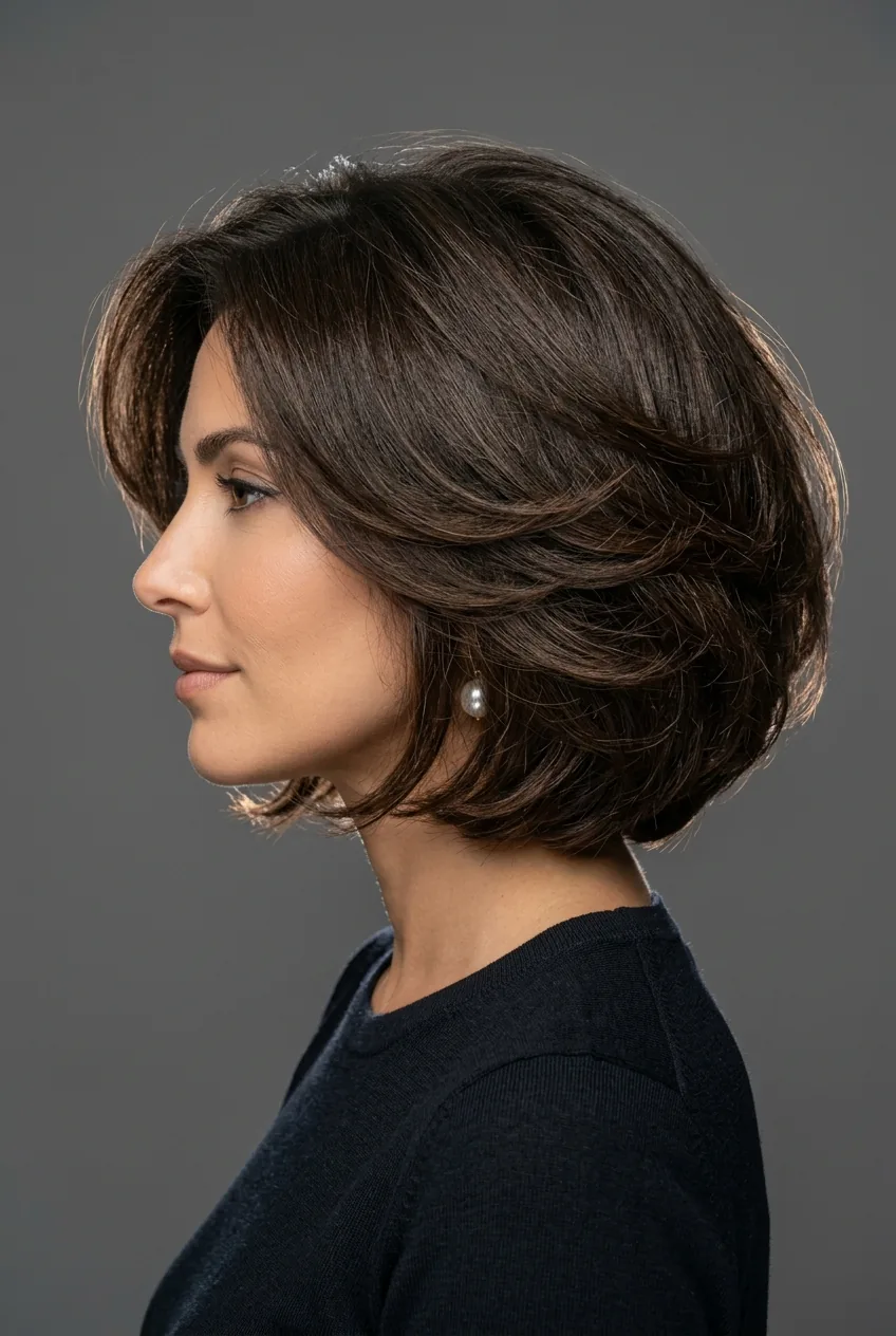 Woman with voluminous layered bob demonstrating modern volume techniques and fullness