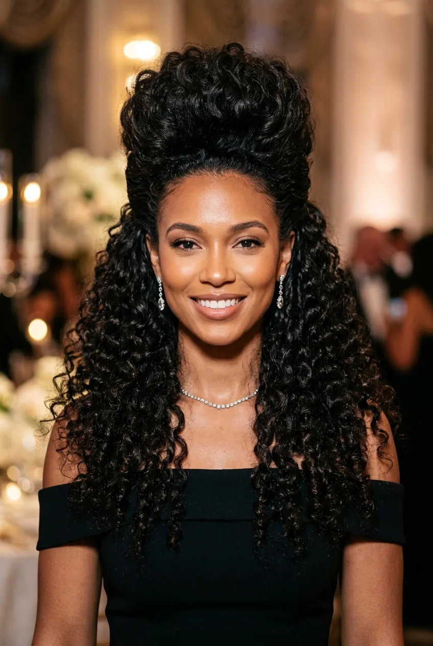 Front view of voluminous curly style with dramatic crown height and pinned sides