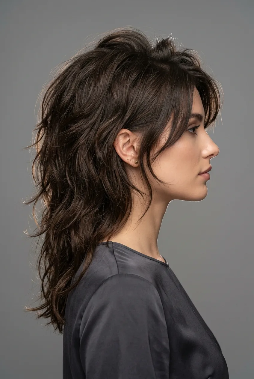 Woman with voluminous shag haircut showing natural crown lift and body