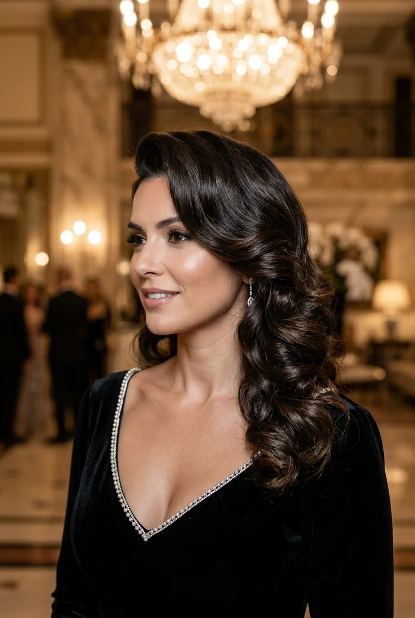 Voluminous side-swept curls styled for perfect photography from every angle