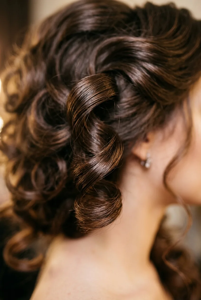 Profile view of woman with dramatic voluminous curly hair swept asymmetrically to one side