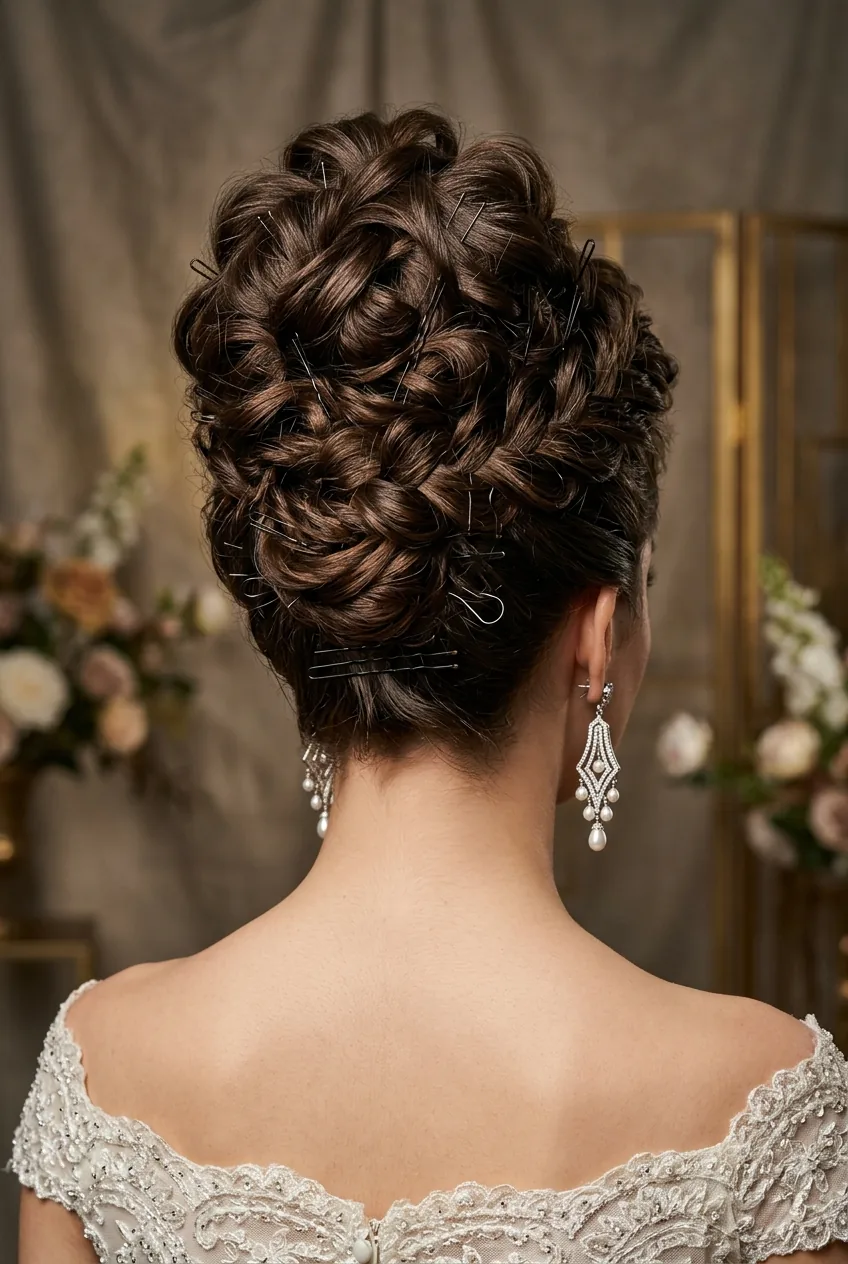 Dramatic voluminous updo with height showing intricate styling technique