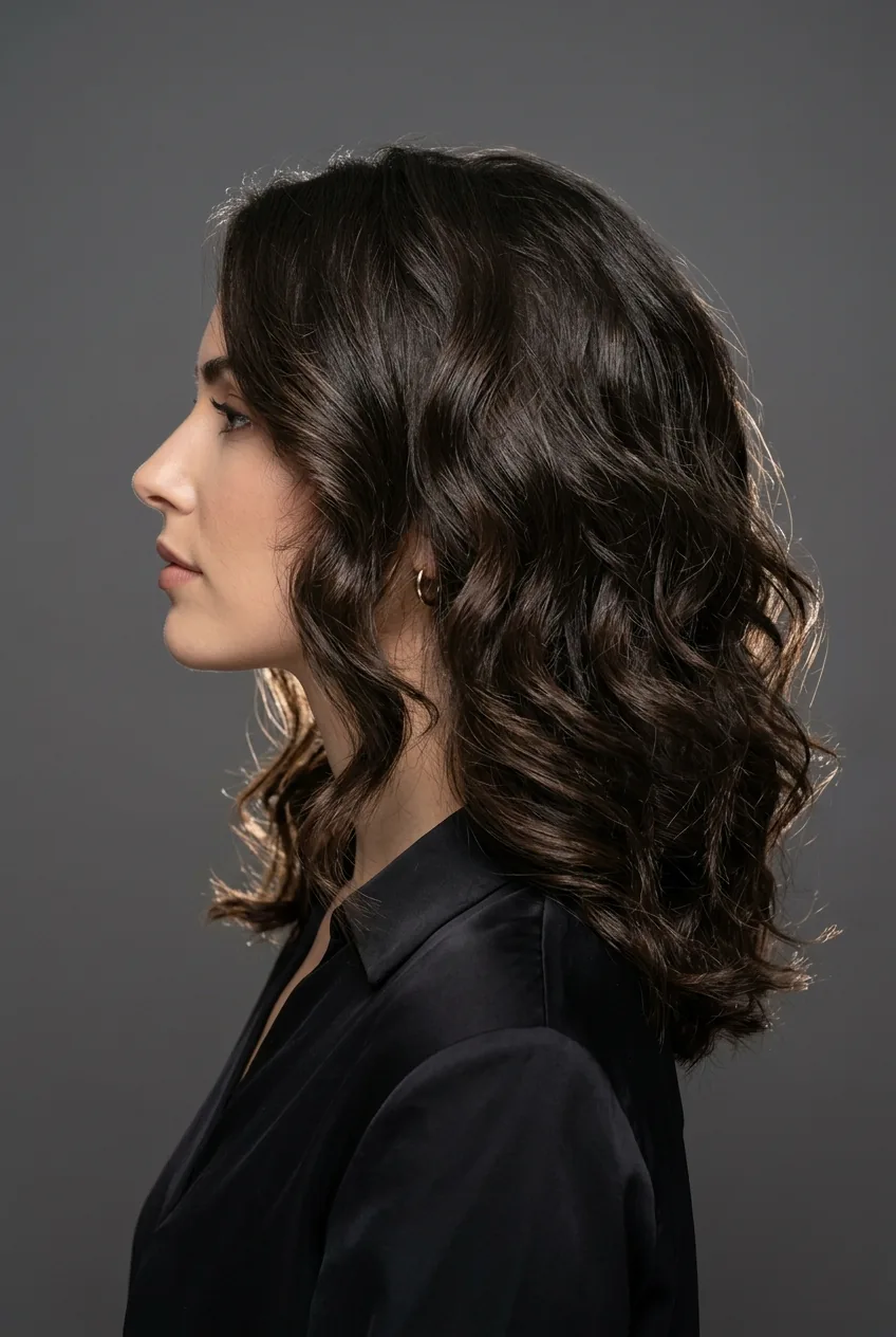 Woman with voluminous stunner wavy lob featuring maximum body and strategic layers