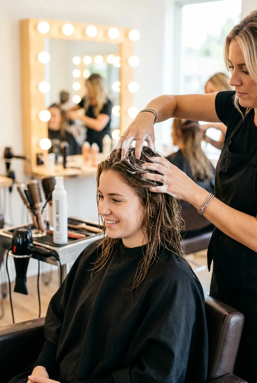 Stylist applying volumizing mousse through woman's damp hair in salon mirror