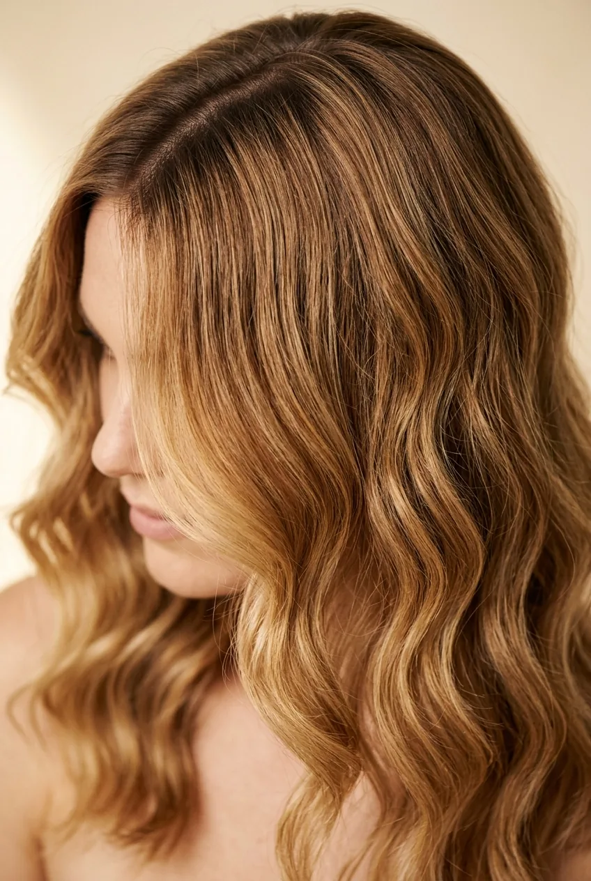 Warm caramel blonde hair showing seamless root blend and golden dimension
