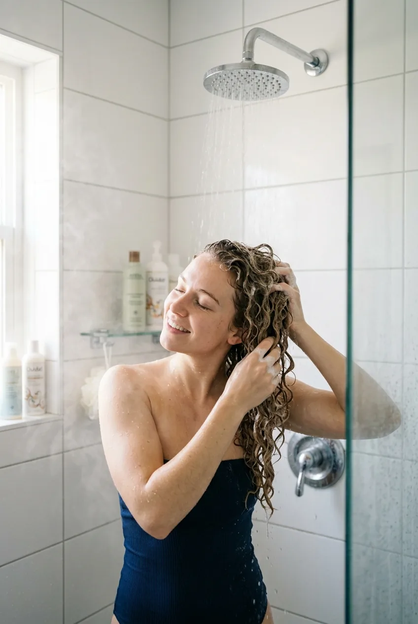 Woman washing thin curly hair in modern shower with gentle water stream