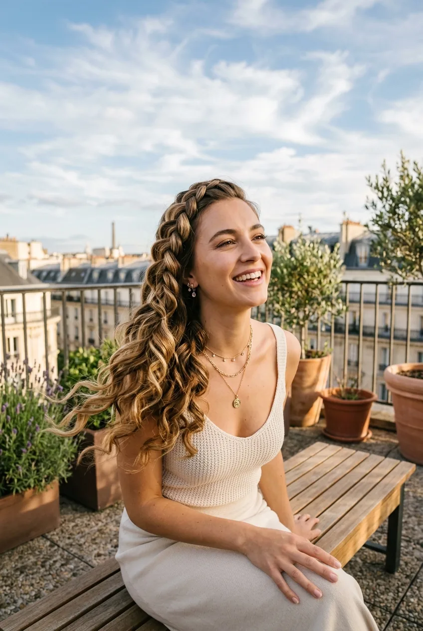 Woman with waterfall braid flowing into bouncy curls on terrace setting