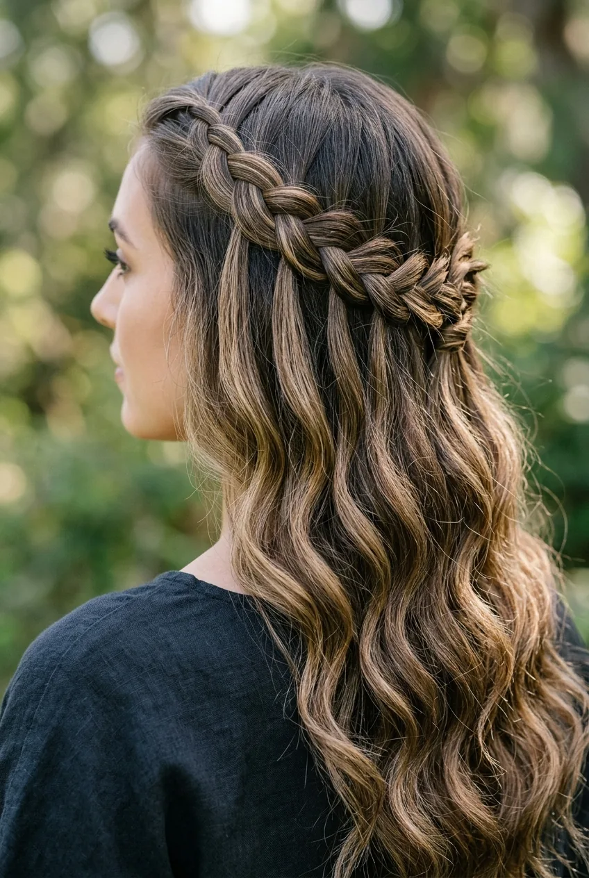 Waterfall braid cascade half-up style showing intricate braiding with hair sections dropping through