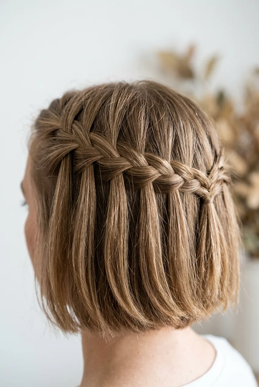 Waterfall braid on short hair showing cascading sections falling through the braid pattern