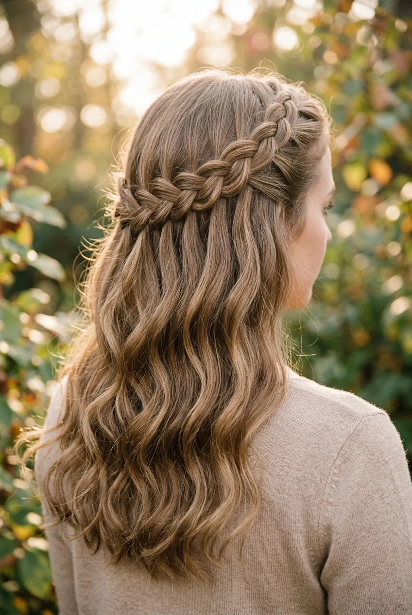 Waterfall braid with cascading strands falling through horizontal pattern in light brown hair