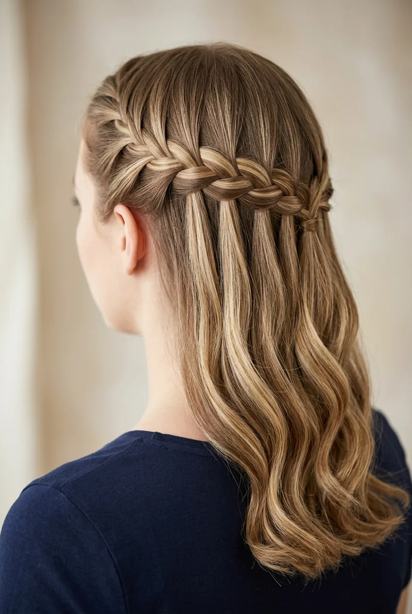 Blonde hair in waterfall French braid with cascading sections falling through horizontal weave