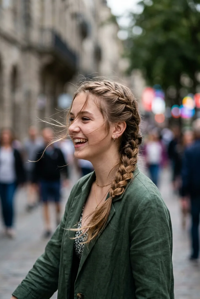 Teenage girl with waterfall braid showing cascading strands falling through braid pattern