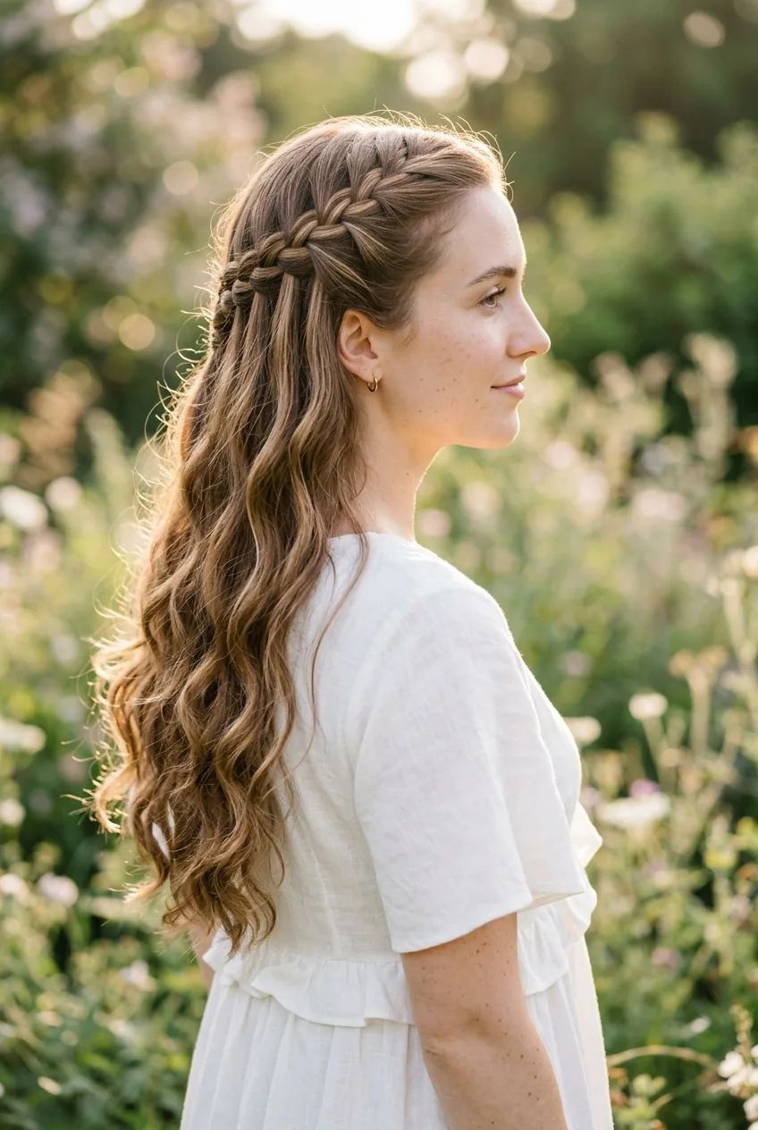 Romantic side view of woman with long wavy hair in waterfall braid with cascading strands