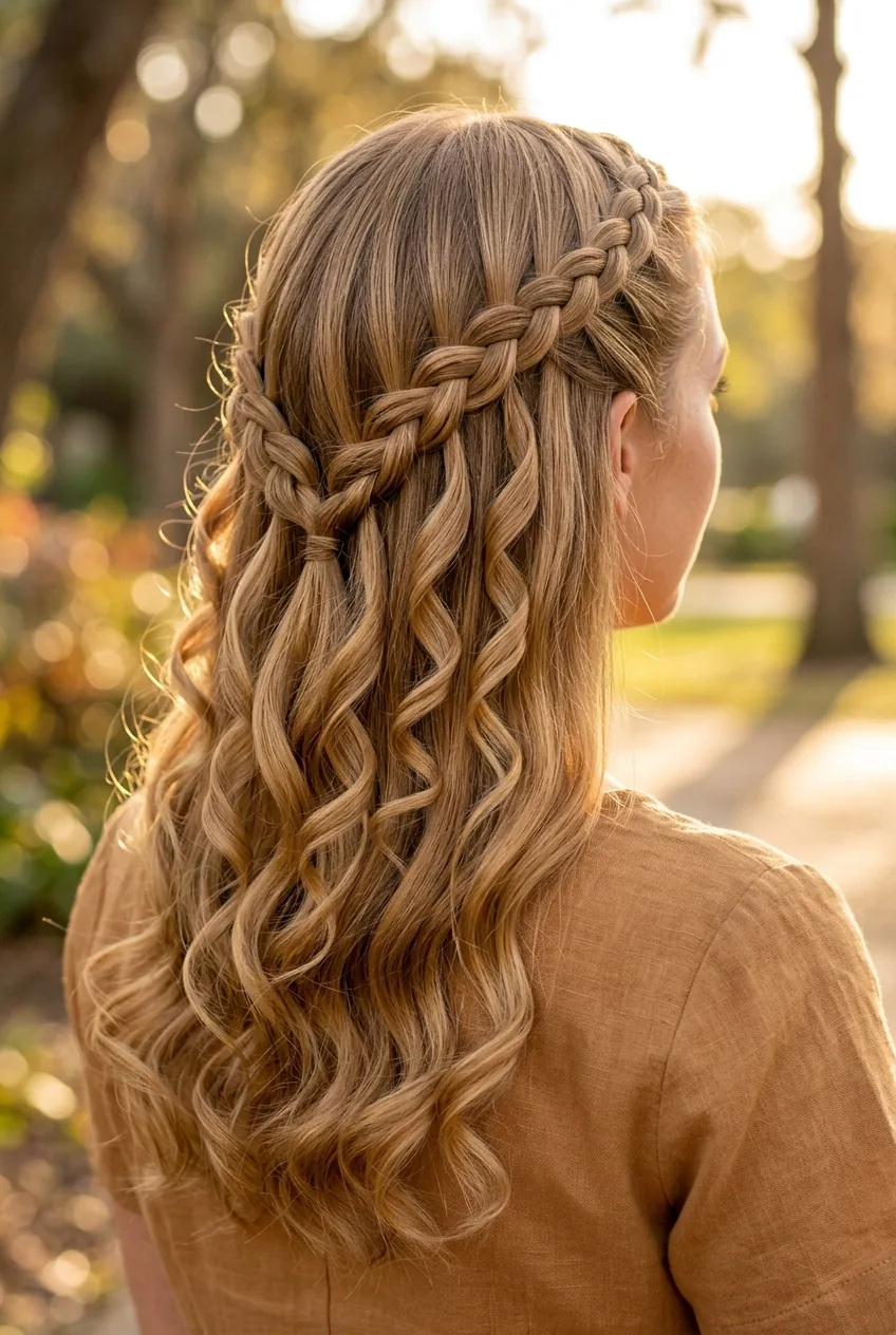 Waterfall braids on both sides with curled strands cascading through braid pattern in golden light
