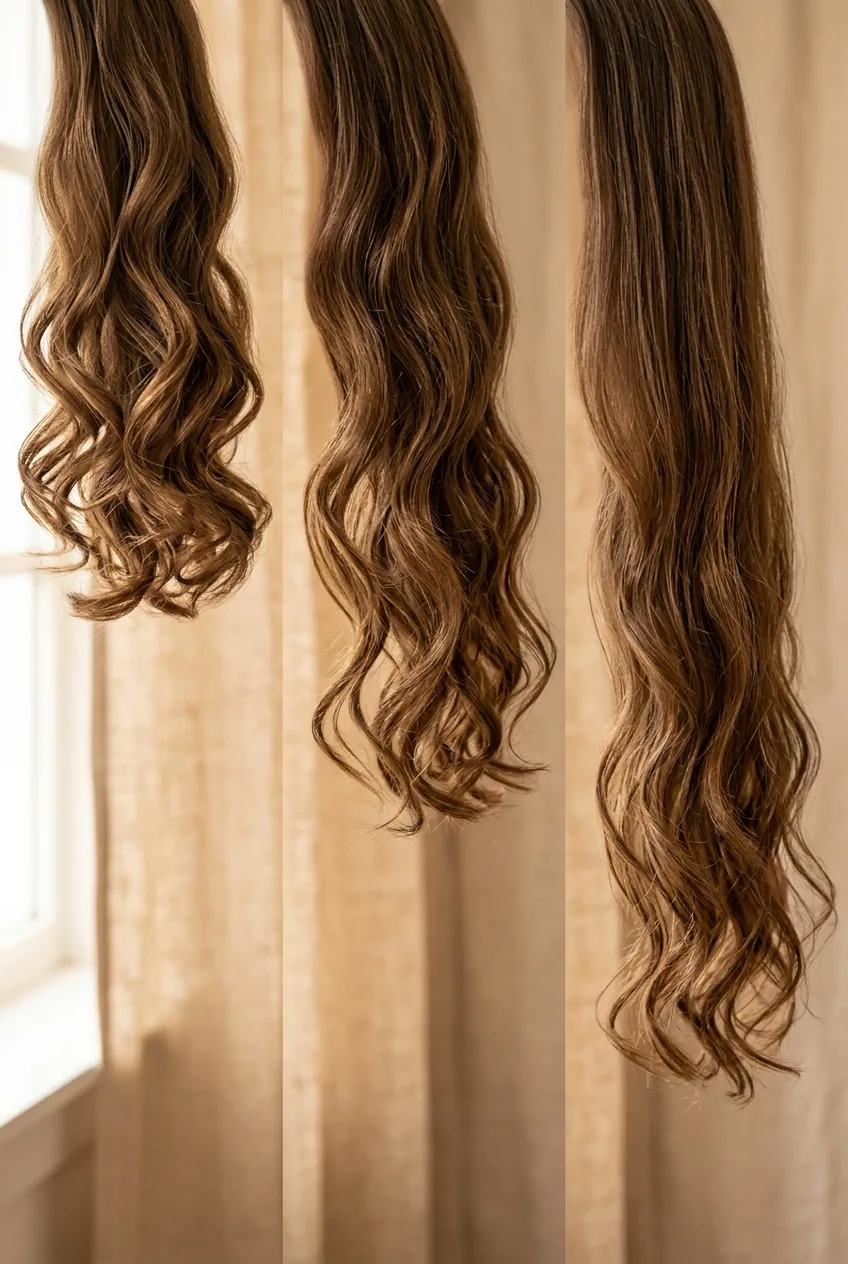 Wavy hair at three different lengths demonstrating how weight affects natural curl pattern