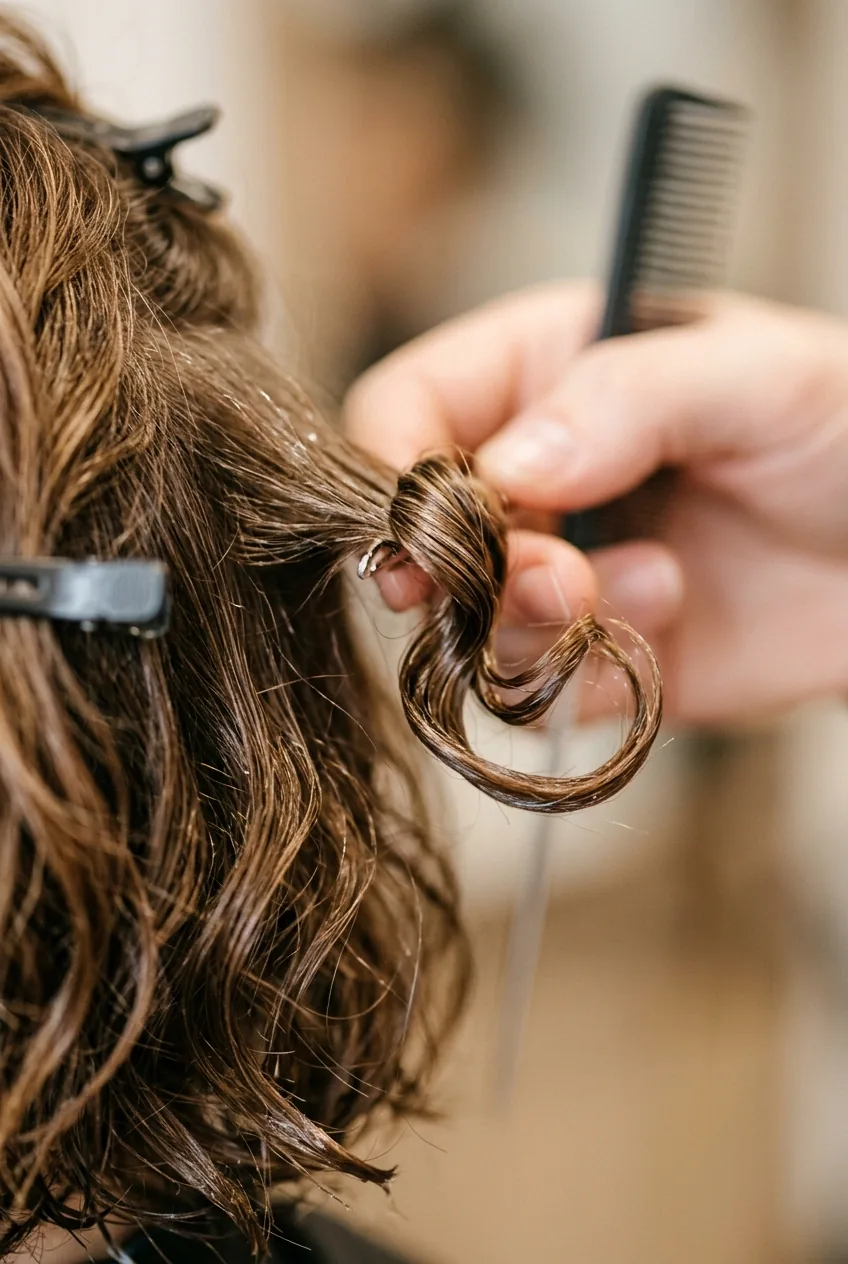 Short wavy hair during styling process showing wave formation with light moisture